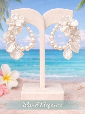 Pearl Hoop Earrings White Petal Dangles Tropical Wedding 2”